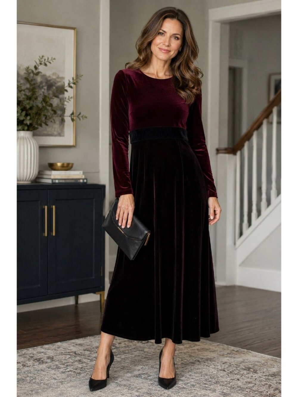 Talbots Dress Long Sleeve Velvet Dress Small Burgundy Green Black New Vintage